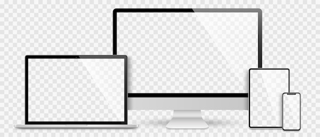 Vettore set realistico di computer, laptop, tablet e smartphone. raccolta di mockup dello schermo del dispositivo.