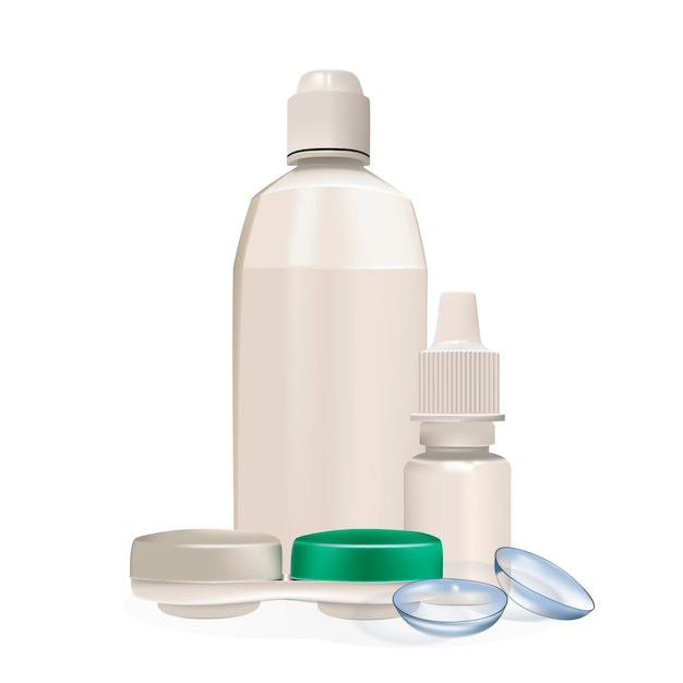 Realistic set of contact lens case bottles eye drops