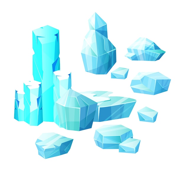 Vector realistic set of crystals of ice iceberg broken pieces of ice icicles cold frozen blocks ice winter landscape for game design cartoon vector illustration