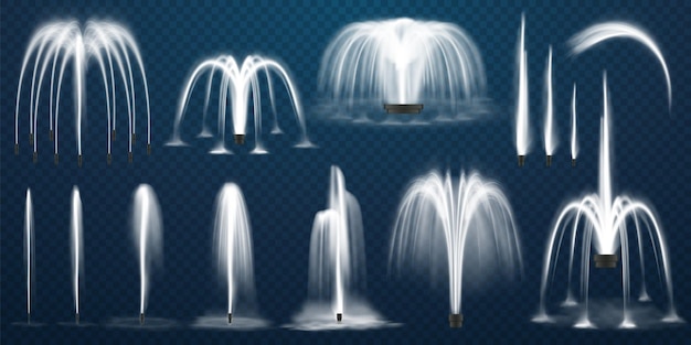 Realistic set of fountains water jets and white stream of d fountain on transparent