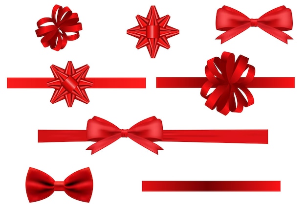 Realistic set gift bow red color with ribbon Stock vector illustration