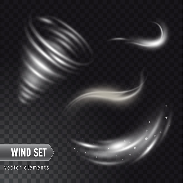 Vector realistic set of high detailed wind or dust cloud  on transparent background. effect of white smoke, fog, spray.