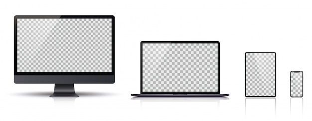 Реалистичный набор монитора, ноутбука, планшета, смартфона темно-серого цвета.