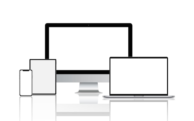 Set realistico di monitor laptop tablet e smartphone illustrazione vettoriale