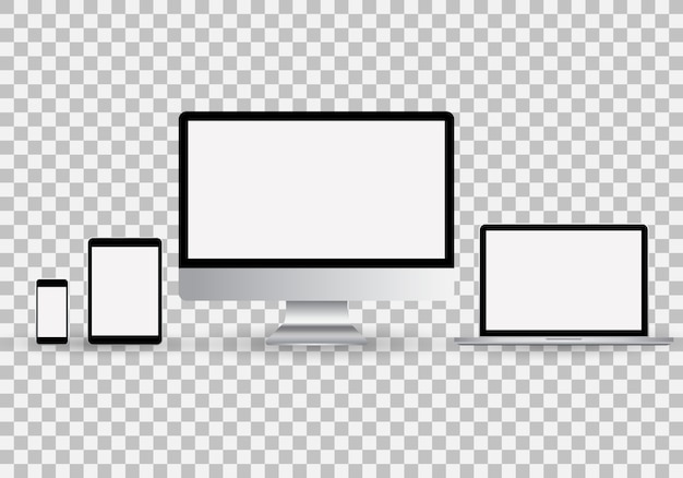 Vettore set realistico di monitor, laptop, tablet, smartphone con schermo bianco vuoto