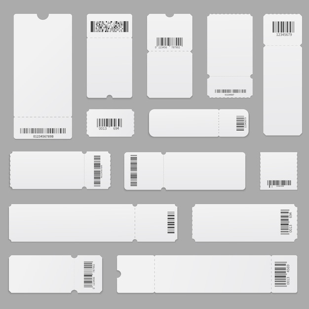 バーコード付きの空のチケットテンプレートの現実的なセット