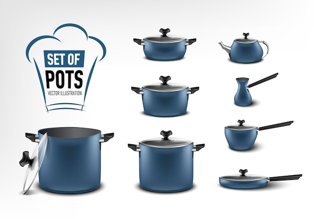 ベクトル 青いキッチン家電、さまざまなサイズの鍋、コーヒーメーカー、トルコ人、シチュー鍋、フライパン、やかんの現実的なセット