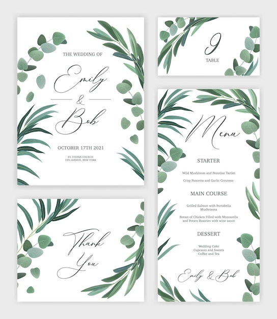 花柄の結婚式の招待カードとお祝いメニューの分離イラストのリアルなセット