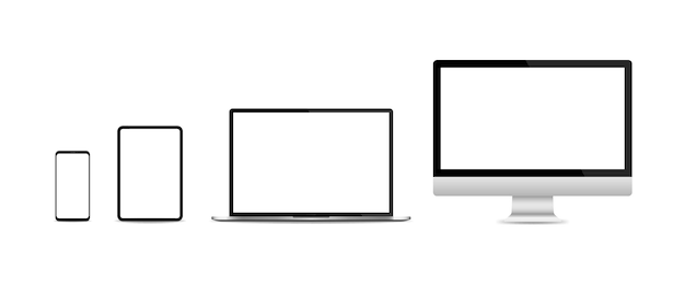 Set realistico di monitor per pc, laptop, tablet e smartphone isolato su sfondo bianco. illustrazione vettoriale eps 10