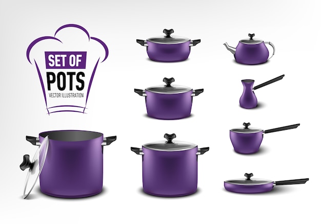 Vector realistic set of purple kitchen appliances, pots of different sizes, coffee maker, turk, stewpan, frying pan, kettle