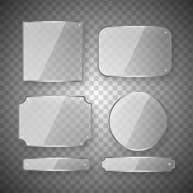 Vector realistic set of transparent glass plates blank shining frames isolated on background