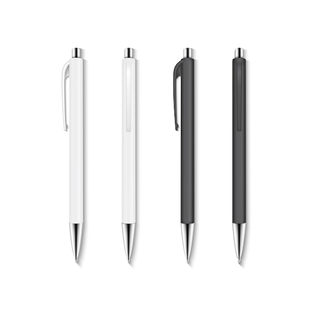 Vector realistic  set of white and black automatic ballpoint pens.