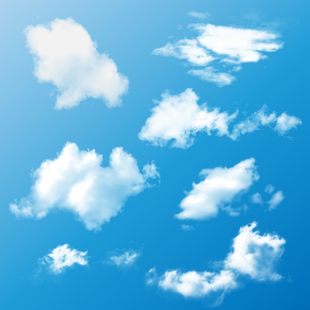 Realistic set of white fluffy clouds on blue.