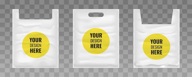 Realistic set of white plastic bag mockup with space for advertising isolated on transparent background Vector illustrationxA