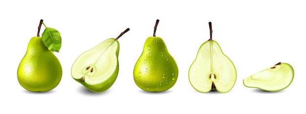 Vector realistic set of whole and sliced green pears on white background isolated vector illustration