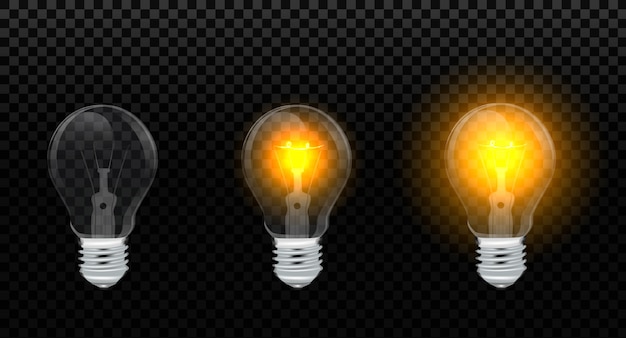 Vector realistic set with incandescent lamps, glowing yellow light bulbs, isolated on transparent . electric lightbulb.