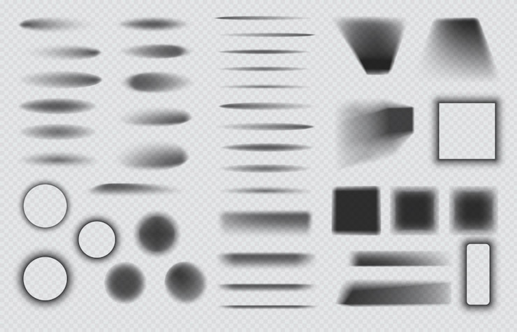 Vector realistic shadow effect pack for label, border, edge design. set of frame layout different shape and form, rectangle, round and square divider vector illustration isolated on transparent background