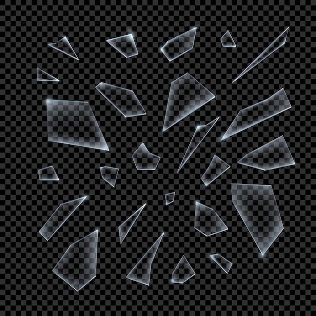 Vector realistic shards of broken glass on transparent background sharp piece.