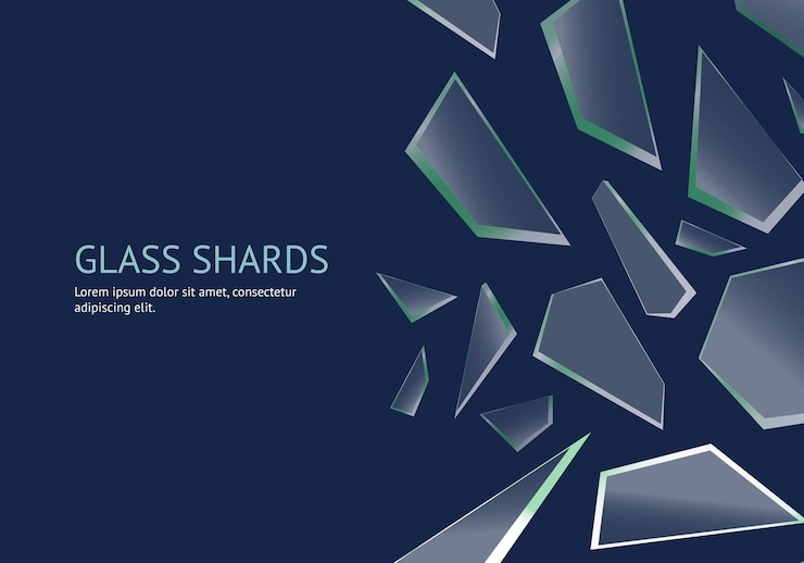 Vector realistic shards of broken transparent glass concept banner card on dark blue background sharp piece. vector illustration