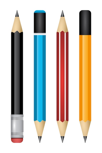 Vector realistic sharpened pencils of various types and lengths with eraser set of illustrations pencils