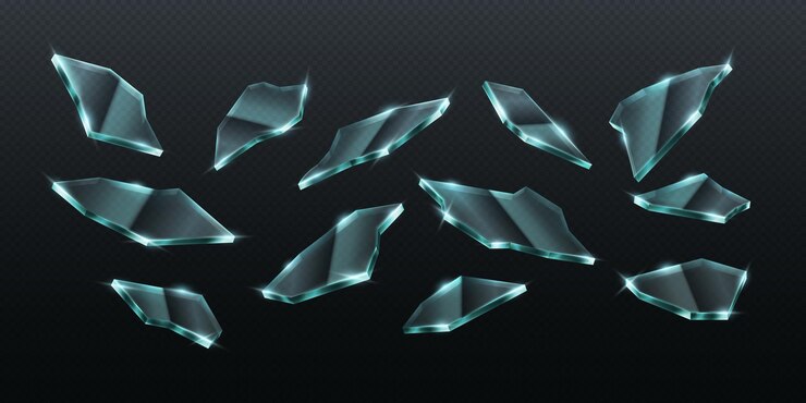 Vector realistic shattered glass pieces flying in midair