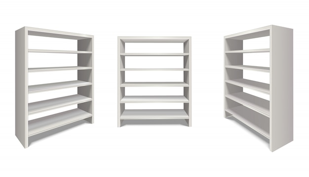 Vector realistic  shelf stand in white color from side and front view. isolated on white background.