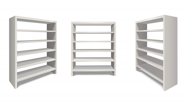 realistic  shelf stand in white color from side and front view. Isolated on white background.