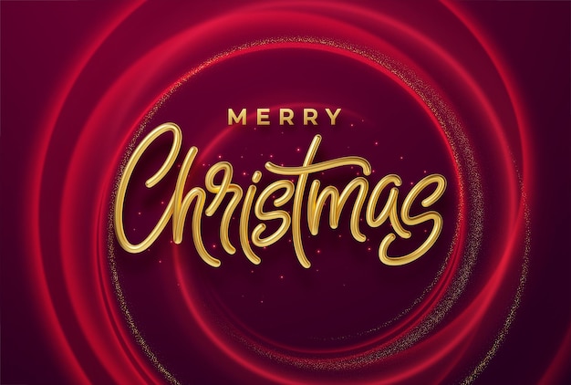 Realistic shiny 3d golden inscription merry christmas on a background with red bright waves. vector illustration eps10