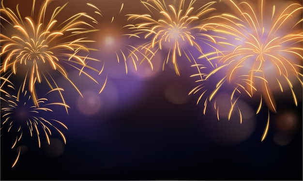 Vector realistic shiny golden fireworks on dark background to celebrate a festive day