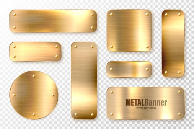 Realistic shiny metal banners set brushed steel plate polished copper metal surface vector