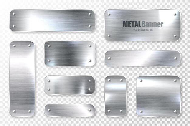 Vector realistic shiny metal banners set brushed steel plate polished silver metal surface vector