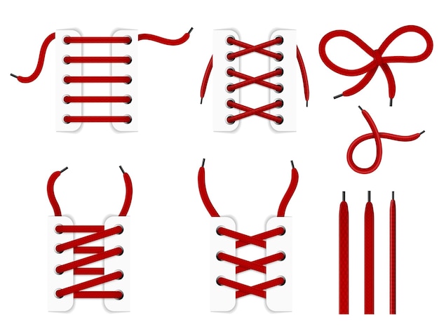 Vector realistic shoelace 3d footwear or clothing lacing collection different weaving textures types red shoe tied knot and bow crossover parallel and zigzag vector isolated set