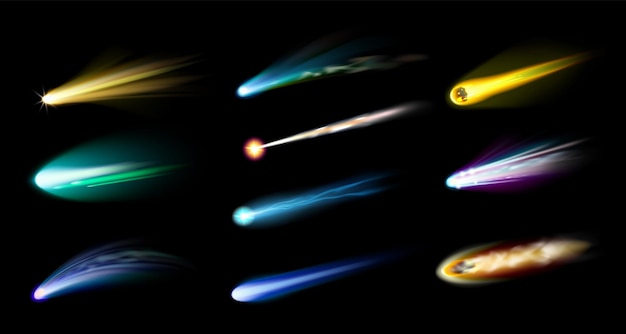 Realistic shooting star 3d falling meteor trails comets flares fireball light effect meteorite burning atmosphere isolated asteroid trace templates galactic elements vector cosmos twinkles set