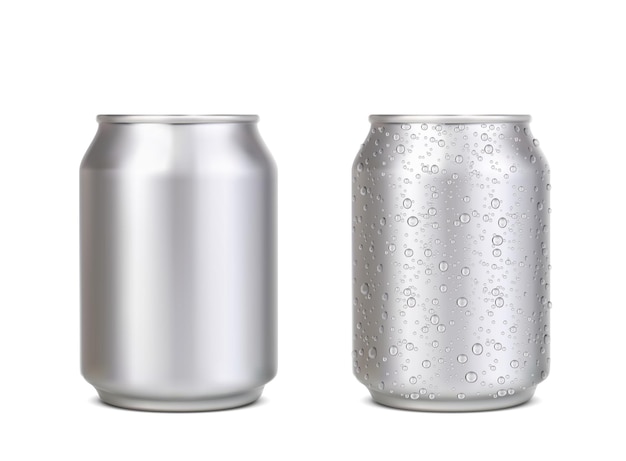 Realistic short aluminium can with water drops Silver beer soda lemonade juice coffee energy drink mockup Isolated vector metal 3d canisters blank tin jars with blobs front view beverage can