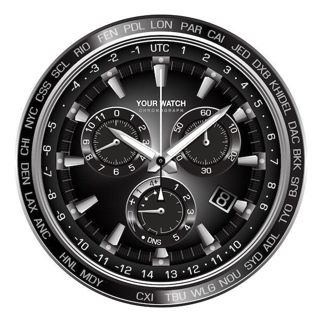 ベクトル 男性のための白い背景デザインの贅沢にリアルなシルバーブラックスチール時計時計クロノグラフの顔。