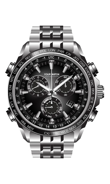 Вектор Реалистичные серебряные черные стальные часы с хронографом на белом фоне дизайн роскоши для мужчин.