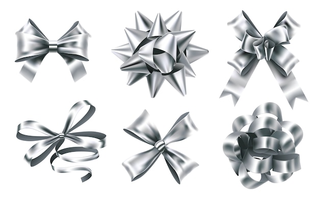 Vector realistic silver foil bows. decorative bow, metallic favor ribbon and christmas gift bows signs.