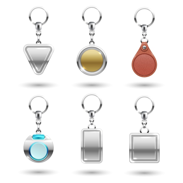 Realistic  silver, golden, leather keychains in different shapes isolated on transparent