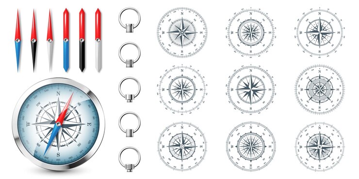 Vector realistic silver vintage compass with marine wind rose and cardinal directions of north east south