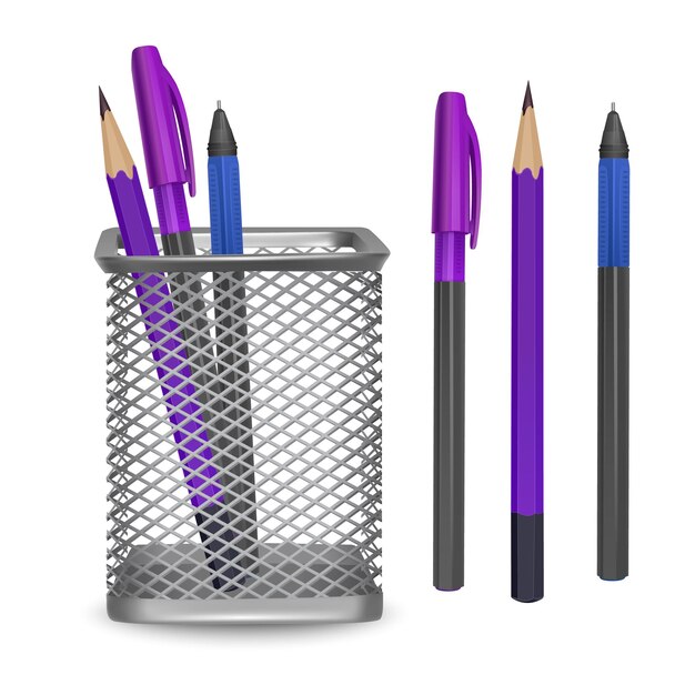realistic simple pencil and two pens, office and stationery in the basket on white