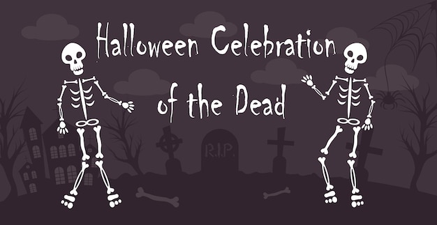 Реалистичные скелеты, танцующие на кладбище Хэллоуина Вектор