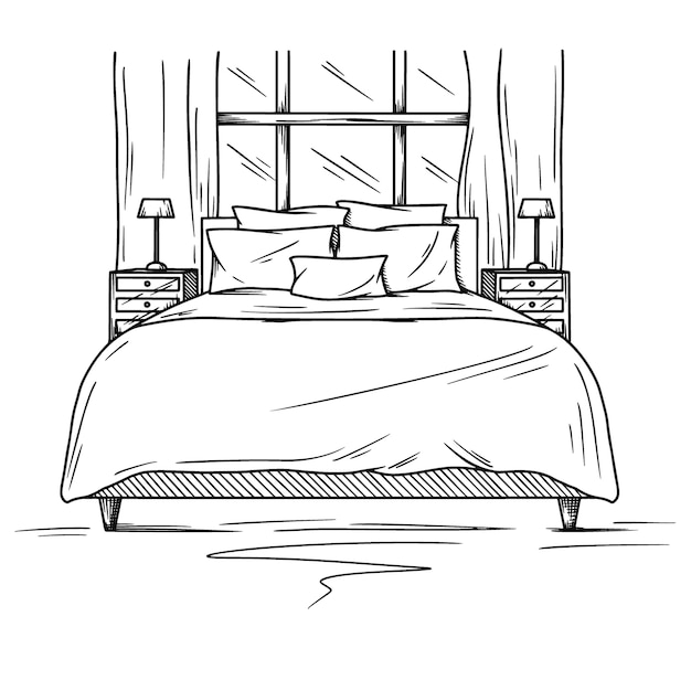 Schizzo realistico della camera da letto. schizzo disegnato a mano dell'interno. illustrazione