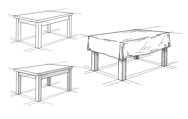 Realistic sketch of different tables in perspective. table set.  illustration