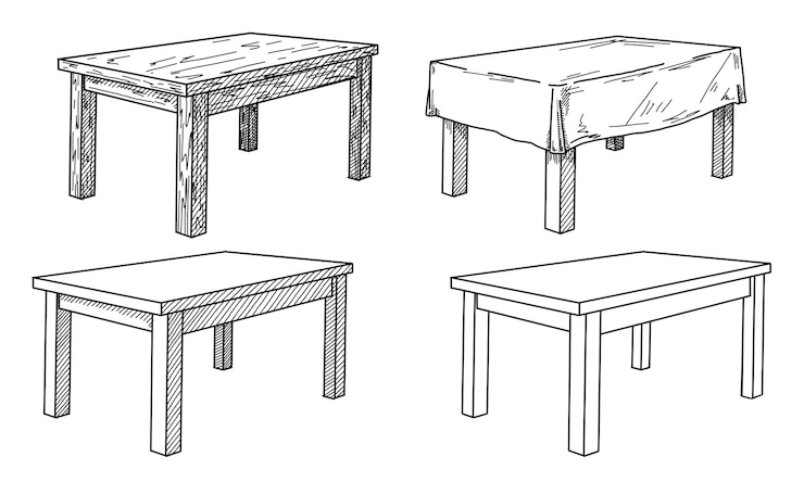 Vector realistic sketch of different tables in perspective. table set.  illustration