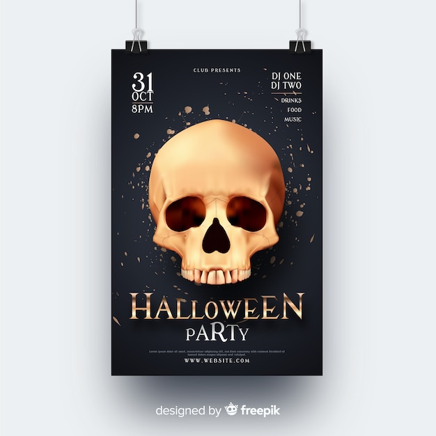 Realistic skull halloween party flyer