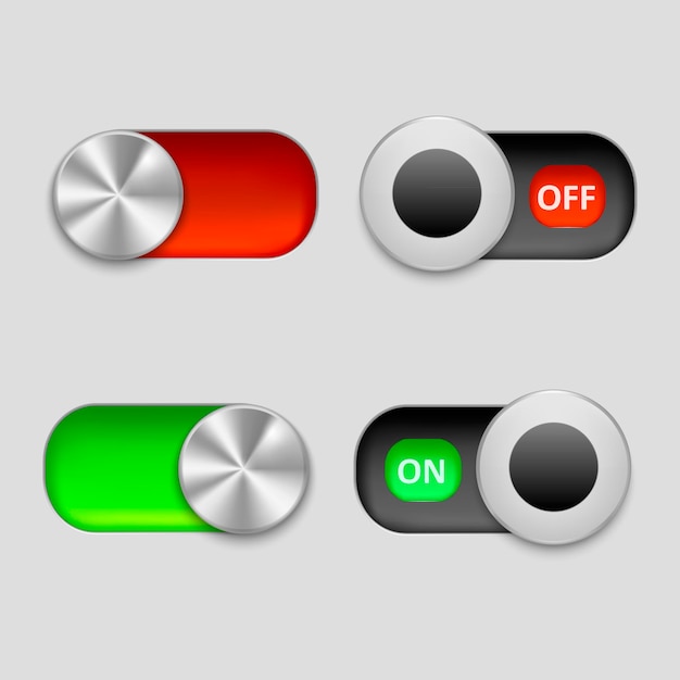 Vector realistic sliders button element for panel technology control on and off green or red . vector illustration