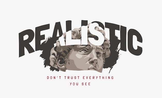 realistic slogan with black and white antique statue head illustration