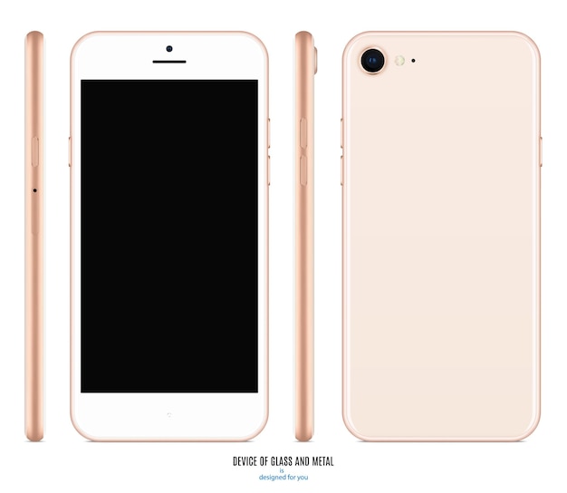 Vettore colore oro realistico dello smartphone con uno schermo vuoto davanti e dietro e vista laterale su uno sfondo bianco