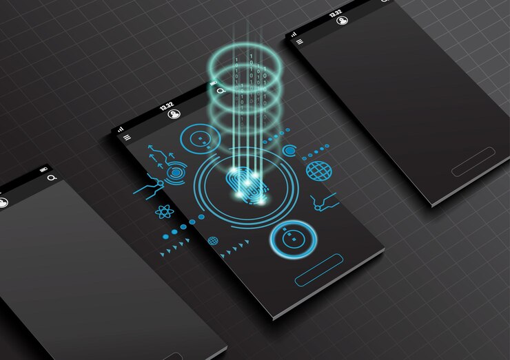 Vector realistic smartphone mock up and finger scanning on screen
