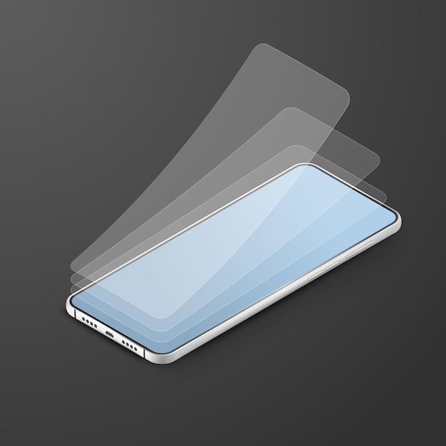 Vettore smartphone realistico mockup 3d cellulare con schermi trasparenti vuoti